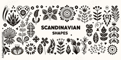 Photos scandinavian folk art silhouettes and floral shapes on white background