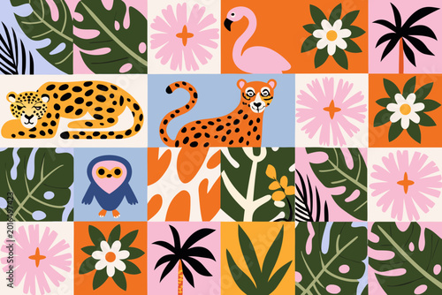 Canvas Print Tropical patchwork illustration with animals and botanical elements