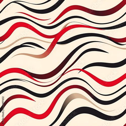 A vibrant abstract design featuring wavy lines in red, black, and beige