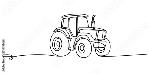 Continuous single line drawing of a farm tractor vehicle used for agriculture and harvesting work in a simple minimalist style illustration
