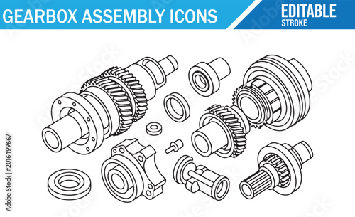 Gearbox assembly line art illustration with mechanical gears and parts