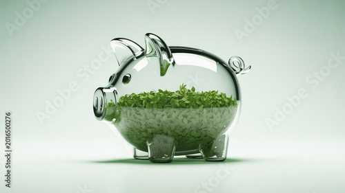 Transparent Glass Piggy Bank Filled with Green Leaves Representing Sustainable Finance and Eco-Friendly Savings
