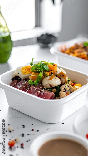A white bowl of sushi and food on a table