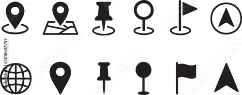 Set of black location and navigation icons representing map pins markers globes flags and directional arrows for digital design projects