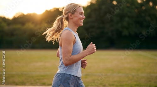 A cheerful blonde woman smiles brightly as she jogs alone in profile on a sunny track at late dusk.