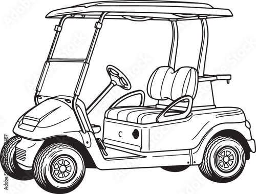 Detailed black and white of a two-seater golf cart, showcasing its canopy, steering wheel, seats, tires, and front headlights, sports or leisure themes also transparent background