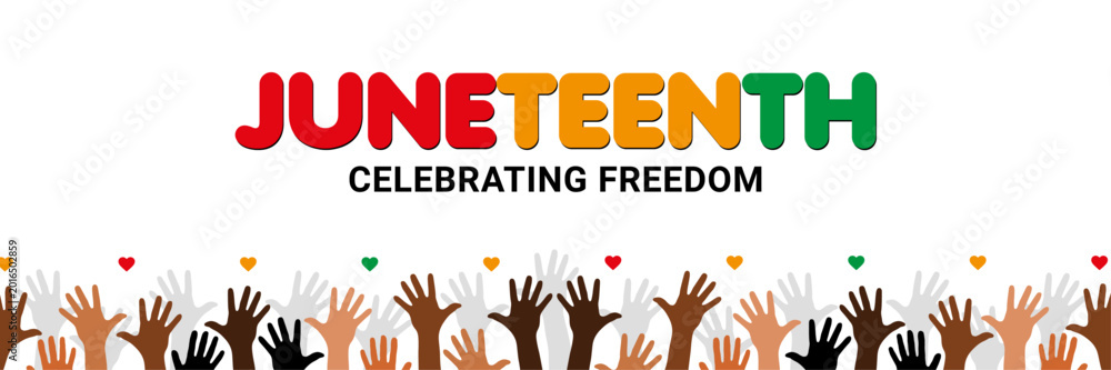 Fototapeta premium Modern Juneteenth Banner with Raised Hands. Colorful Juneteenth Celebration Vector Background