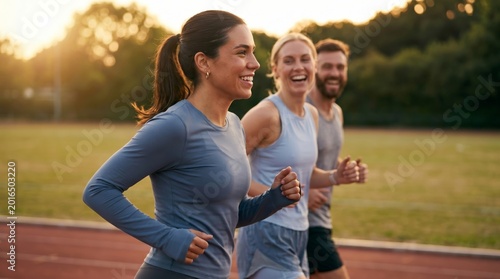 A cheerful dark-haired woman jogs on a sunlit track, with two smiling friends running behind her