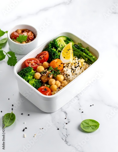 A white rectangular dish filled with vegetables and chickpeas on a marble surface