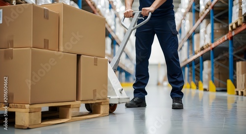 Worker pulling pallet jack with cardboard boxes in a large warehouse