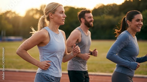 A blonde woman leads a sunset run on a track, followed closely by a smiling bearded man and woman.