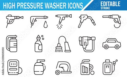 Pressure washing service icon bundle with water jet and machine symbols