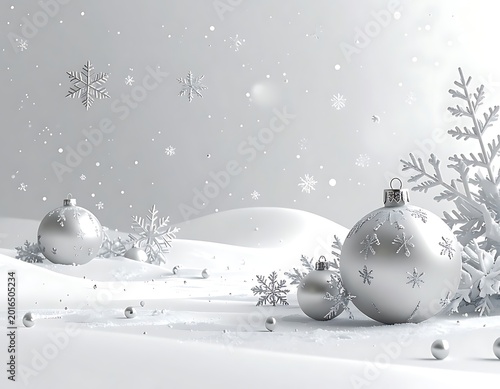 A winter scene with silver Christmas ornaments and snowflakes