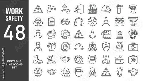 Canvastavla Work safety icon set. Editable line icons. Vector illustration.