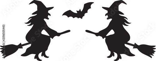 Quadro su tela Silhouettes of two witches flying on broomsticks with bats in a spooky Halloween