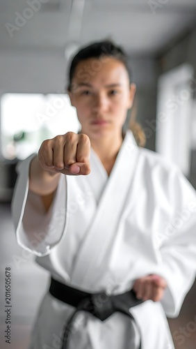 A woman in a white martial arts uniform with a black belt