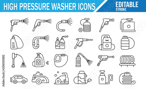 High pressure cleaning equipment icons in simple line art style
