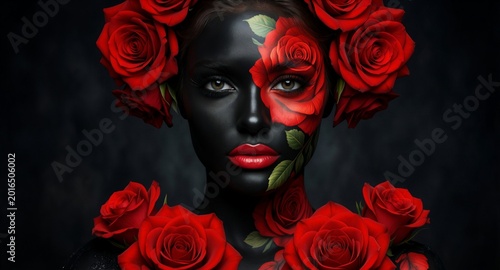 Woman with black body paint and red roses dramatic artistic portrait