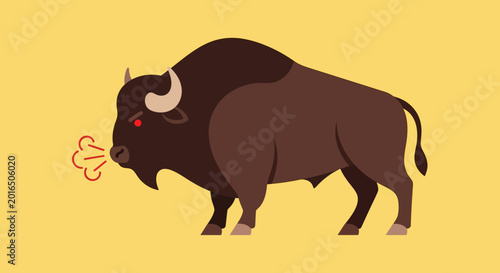 Tableau sur toile Angry Bison Illustration with Red Eyes and Steam from Nostrils