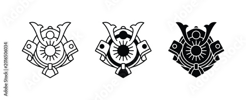 Fotografía Samurai Helmet Icons, Japanese Warrior Armor Emblem, Traditional Bushido Symbol