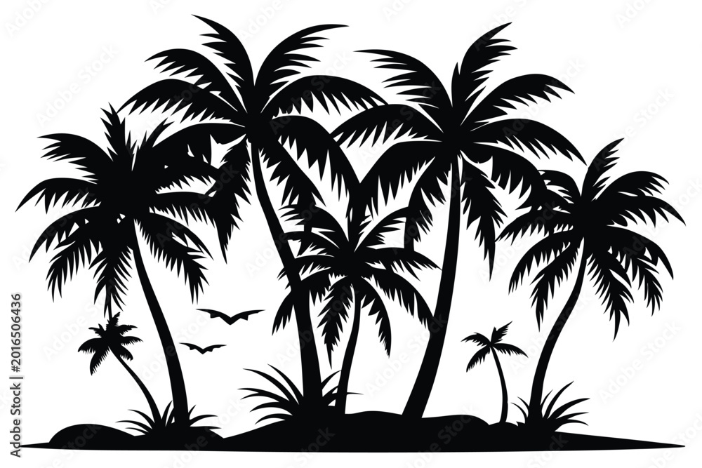 Fototapeta premium coconut trees silhouette line art vector illustration with a white background
