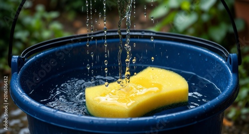 Fresh water pouring onto yellow sponge in blue bucket for cleaning and washing