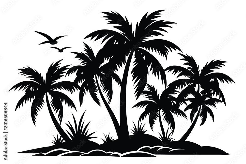 Fototapeta premium coconut trees silhouette line art vector illustration with a white background