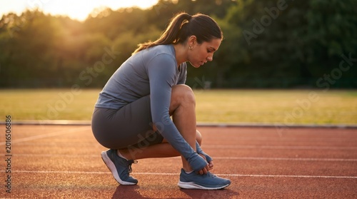 A dark-haired woman crouches on a red running track at sunset, carefully tying her blue running shoe.