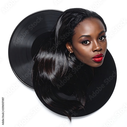 A woman with long dark hair and red lipstick emerges from a vinyl record