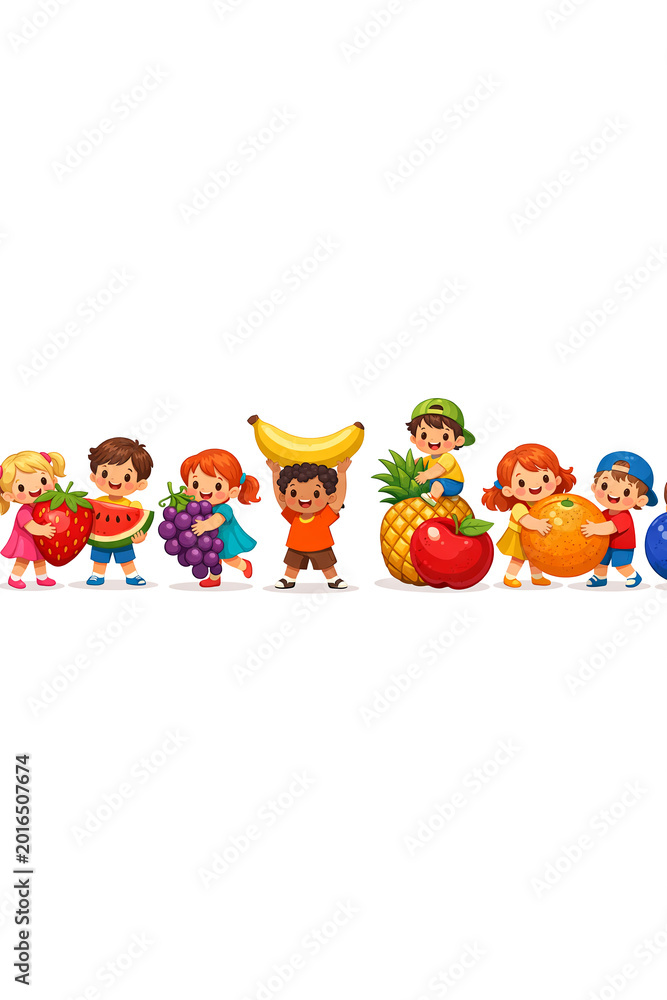 Fototapeta premium A group of children in colorful clothing holding various fruits and smiling.