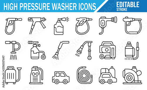 High pressure washer icons set with spray guns nozzles hose pump and car wash cleaning tools