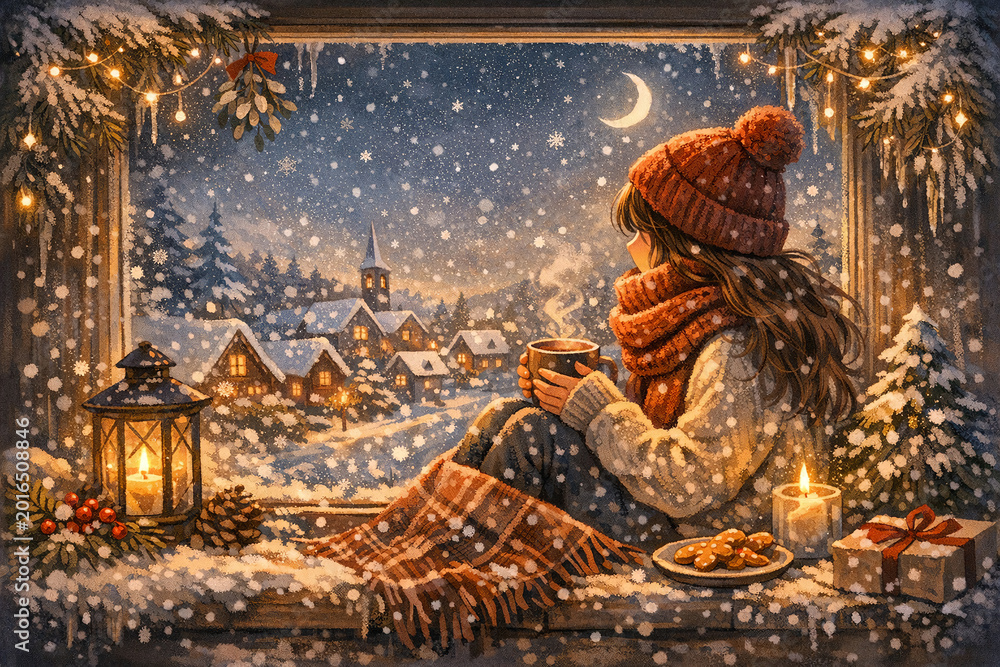 Fototapeta premium A cozy scene of a person enjoying the snowy winter night indoors while sipping on hot cocoa by the window.