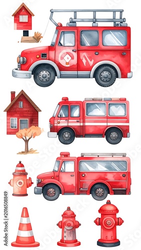 Colorful illustrations of emergency vehicles and equipment