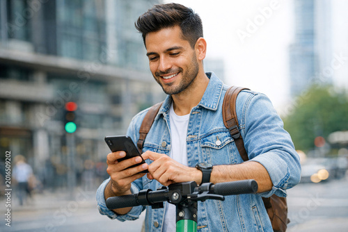 Man smiles while using smartphone beside electric scooter. Urban backdrop features modern buildings and green light. He wears denim jacket and carries backpack. Scooter has black handlebars