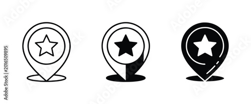 Tableau sur toile Location Pin with Star Icons: Outline, Filled, and Silhouette Vector Graphics fo