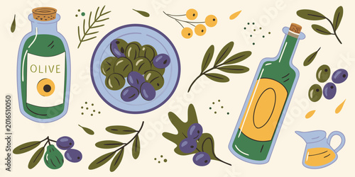 Schilderij op canvas Olive oil and olives illustration earthy style with green and yellow tones
