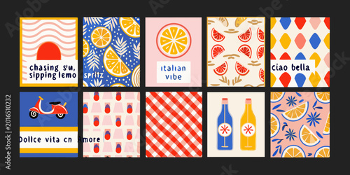 italian summer themed card set vibrant vector illustration with fruit and patterns
