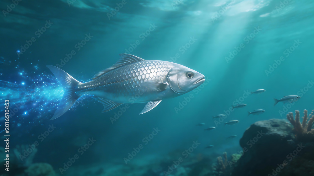 Fototapeta premium Silver fish swimming in underwater scene symbolizing tranquility, harmony, and natural balance