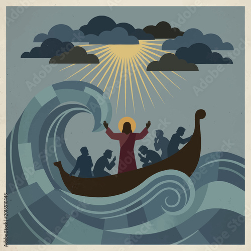 Jesus Calms the Storm with Disciples in Boat.
