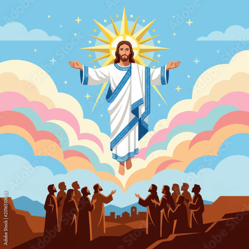 Cuadro en lienzo Jesus Ascending to Heaven Surrounded by Clouds and Disciples.