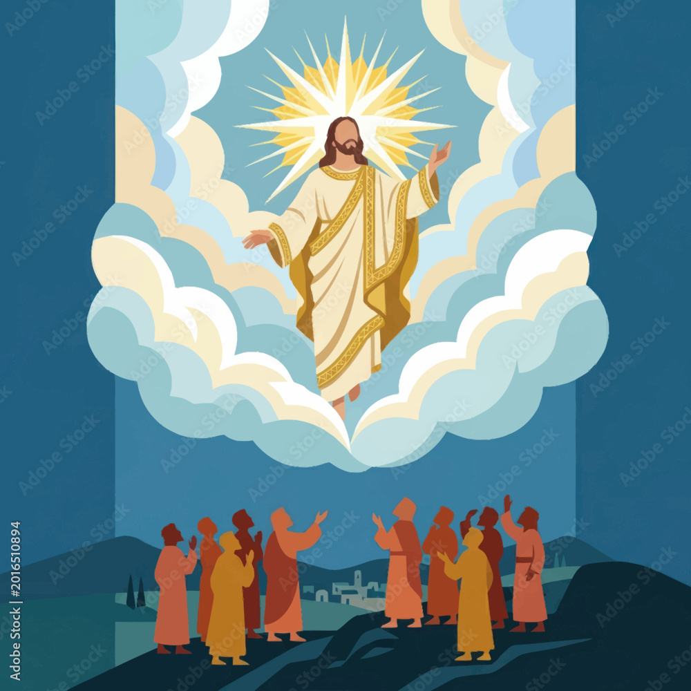 Obraz premium Jesus Ascends to Heaven Surrounded by Clouds and Light.