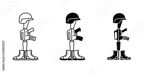 Photography Military Memorial Icons, Fallen Soldier Symbols, Combat Boots and Rifle Vector G