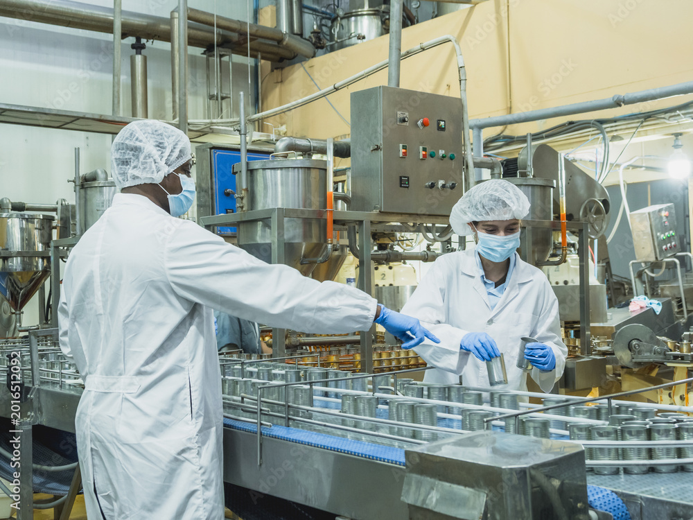 Fotografia Engineers inspecting food production with tablet