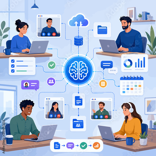 AI-powered remote team collaboration illustration, connecting global professionals in a smart digital workspace for enhanced productivity and seamless communication
