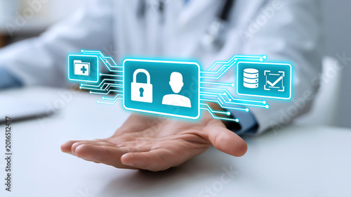 Doctor digital privacy concept with secure patient record access and data protection in healthcare
