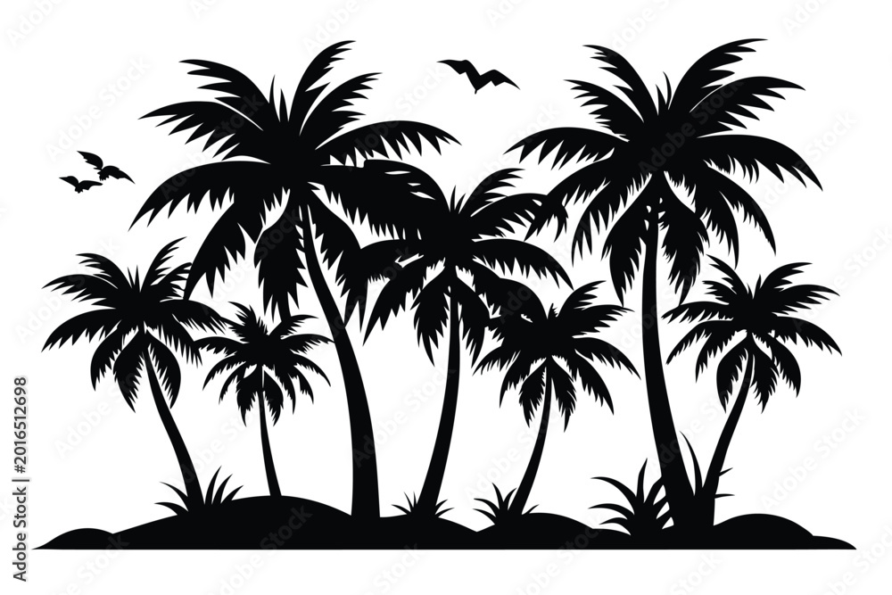 Fototapeta premium coconut trees silhouette line art vector illustration with a white background