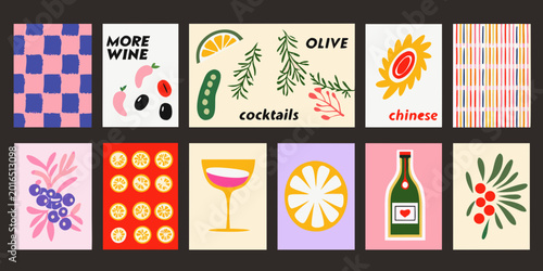 illustrated food and drink cards colorful retro style grid