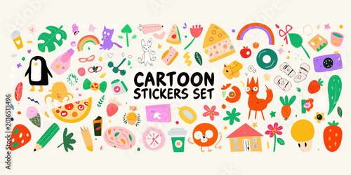 Cartoon sticker set with hand drawn illustrations and colorful designs