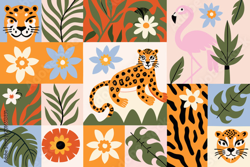 Canvas Print Tropical patchwork illustration with tiger leopard and flamingo motifs
