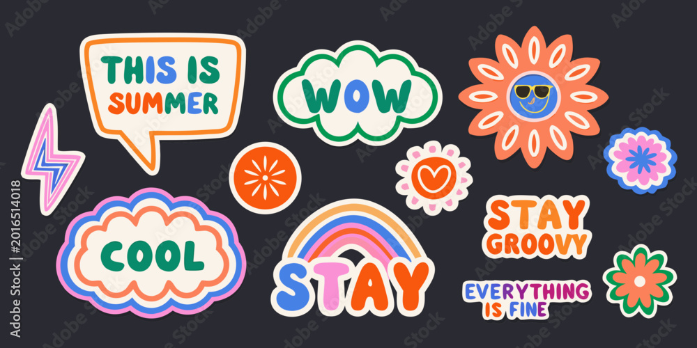 Fototapeta premium groovy sticker pack with retro typography and colorful illustrations